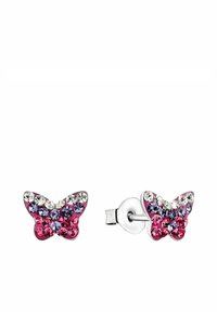Orecchini a forma di farfalla in argento decorati con cristalli rosa, viola e trasparenti. Asticella dritta con chiusura rotonda.