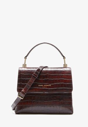 Brown crocodile-embossed leather handbag with a structured design, gold-tone hardware, detachable strap, and a top handle for versatile carrying.