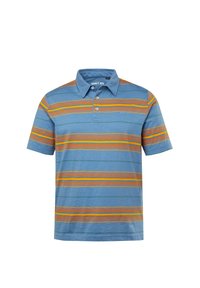 Polo shirt bleu avec col, arborant des rayures horizontales orange, jaune et verte. Tissu doux avec un design décontracté.
