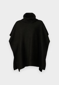 Poncho noir en tricot avec un col montant haut, des manches larges et une coupe ample. Présente un motif côtelé texturé sur l'ensemble.