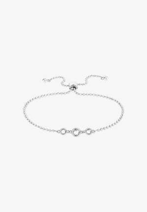 Zilveren armband met een beads ketting en drie heldere, ronde edelstenen gezet in cirkelvormige zettingen, verstelbare sluiting voor maat.