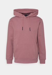 Pink hoodie with a front pouch pocket, adjustable drawstring hood, long sleeves, and ribbed cuffs and hem. Soft cotton blend fabric.