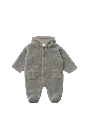 Fleece baby onesie in light gray, featuring a hood, two front pockets, and wooden buttons down the front. Soft, textured fabric.