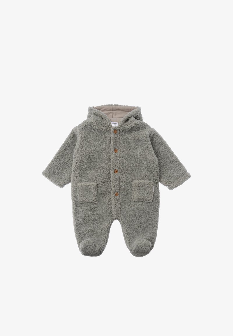 Fleece baby onesie in light gray, featuring a hood, two front pockets, and wooden buttons down the front. Soft, textured fabric.