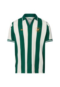 Groene en witte gestreepte polo met een v-hals, korte mouwen, voorzien van een badge met een embleem en tekst. Gemaakt van een gestructureerde stof.