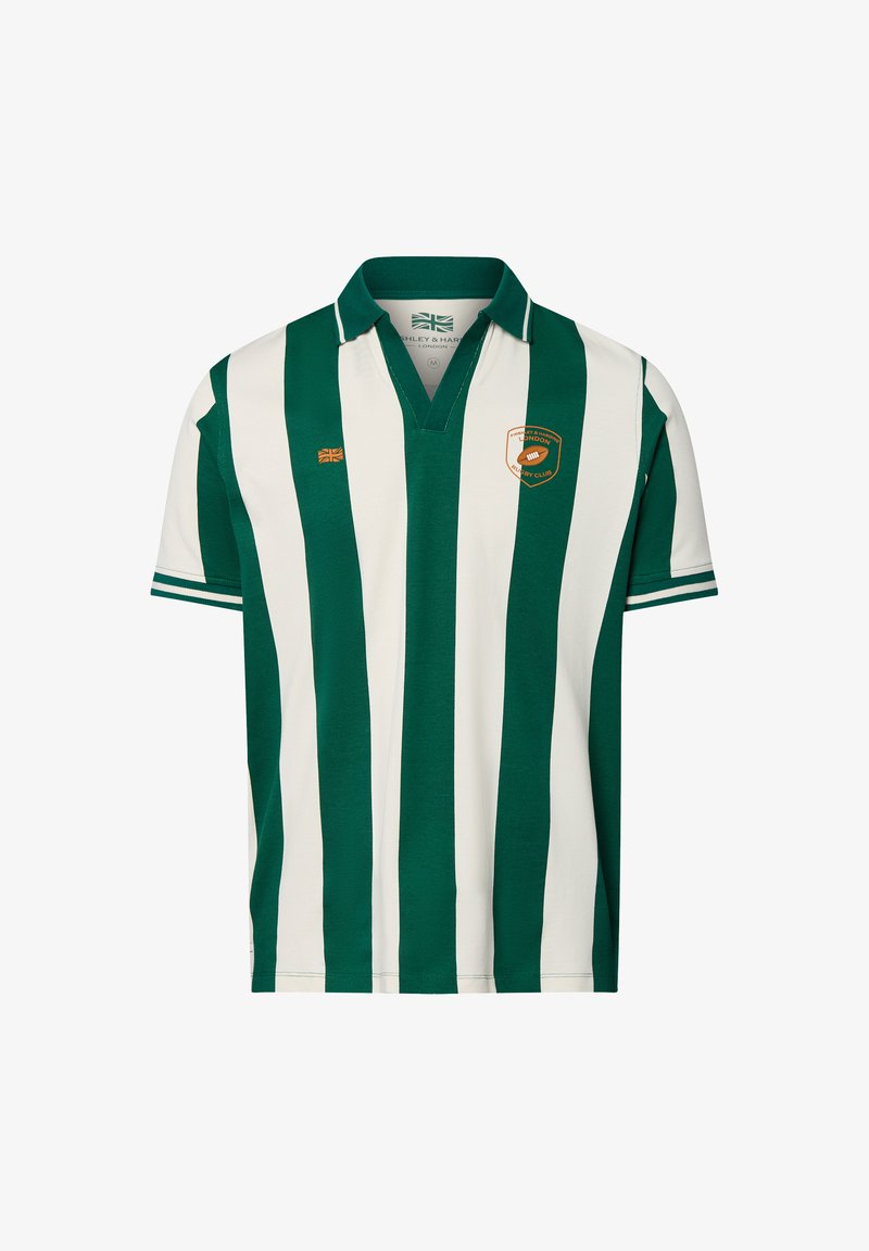 Groene en witte gestreepte polo met een v-hals, korte mouwen, voorzien van een badge met een embleem en tekst. Gemaakt van een gestructureerde stof.