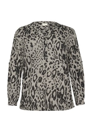 Grau-schwarze Bluse mit Leopardenmuster und langen Ärmeln. V-Ausschnitt mit Knopfdetail. Leichter, strukturiert Stoff mit lockerem Schnitt.