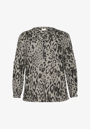 Leopardprint blouse met lange mouwen in grijs en zwart. V-hals met knoopdetail. Lichtgewicht, gestructureerde stof met een losse pasvorm.