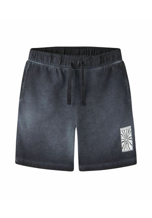 Mørkegrå casual shorts med elastisk midjebånd og snor, med en hvit "Sundrop"-logo med solstråledesign på venstre ben.