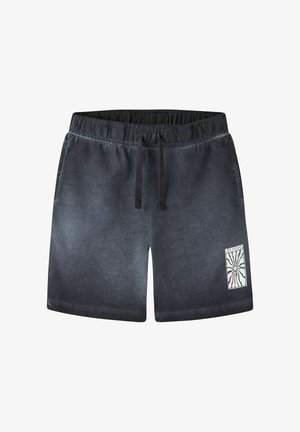 Pantalones cortos casuales gris oscuro con cintura elástica y cordón, con un logotipo blanco "Sundrop" con diseño de destellos solares en la pierna izquierda.