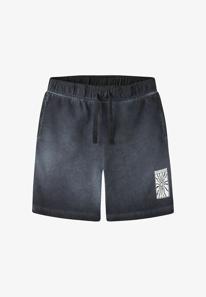 Shorts décontractés gris foncé avec taille élastique et cordon, avec un logo blanc "Sundrop" orné d’un dessin de rayons de soleil sur la jambe gauche.