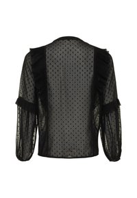 Blusa nera trasparente con motivo a pois, dettagli arricciati sulle spalle e sulle maniche, e polsini elasticizzati. Tessuto leggero e texturizzato.