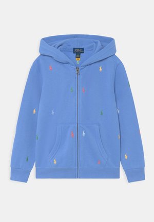 Blauwe hoodie met ritssluiting van katoen, met meerkleurige geborduurde ponylogo's, een kangoeroezak en een gevoerde capuchon.