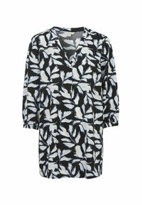 Black tunic with white and blue leaf pattern, V-neckline, and three-quarter sleeves with gathered cuffs. Lightweight and flowy fabric.
