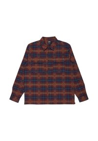 Langneisha shirt in bruine ruit met blauwe accenten, voorzien van twee borstzakken, knoopsluiting en een geometrisch patroon overal.