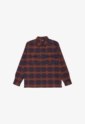 Langneisha shirt in bruine ruit met blauwe accenten, voorzien van twee borstzakken, knoopsluiting en een geometrisch patroon overal.