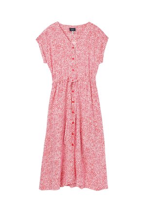 Rød midi-kjole med korte ærmer, hvide abstrakte pletter, V-hals, knaplukning foran og elastik i taljen med et diskret bindebånd.