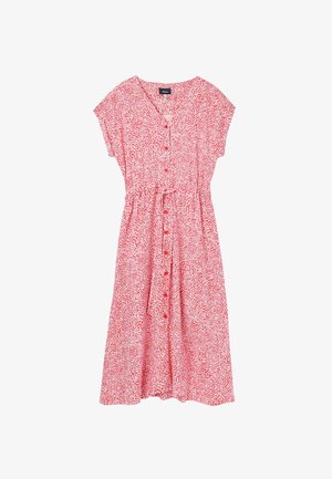 Vestido midi de manga corta rojo con manchas abstractas blancas, escote en V, botones en la parte delantera y cintura elástica con un lazo sutil.