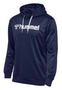 Marineblauwe hoodie van gladde stof, met een wit "hummel"-logo, verstelbare witte trekkoorden en ribbelboorden en zoom.