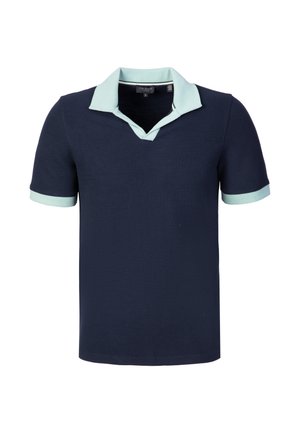 Polo blu navy a maniche corte con colletto e polsini azzurri, tessuto strutturato, scollo con colletto senza bottoni.