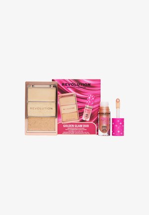 Revolution Beauty Golden Glam Duo avec palette de highlighter à trois teintes et gloss à lèvres rose scintillant avec motif étoile et applicateur.
