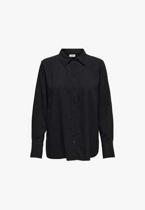 Czarna, długosleeve koszula z gładkiego materiału z zapięciem na guziki z przodu, kołnierzykiem i zapinanymi mankietami; minimalistyczny design bez wzorów czy akcentów.