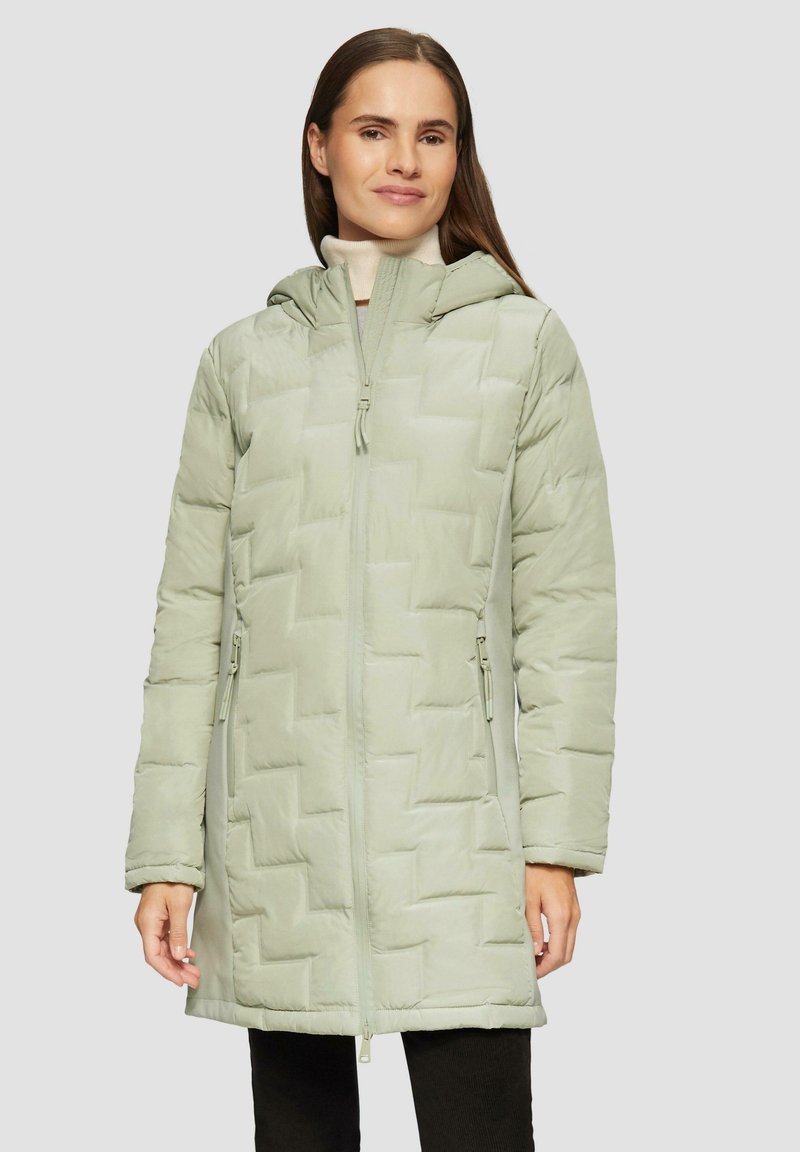 Helle grüne gepolsterte Jacke mit Reißverschluss, Kapuze und Seitentaschen. Verfügt über ein gesteppte Muster und eine weiche Textur. Glatte Fabric-Oberfläche.