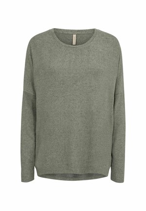 Light green long-sleeve pullover. Soft, textured fabric with a round neckline and a relaxed fit. Side seams feature subtle curved hems.