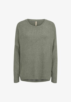 Vihreä pitkähihainen pullovers. Pehmeä, tekstuuriinen kangas, jossa on pyöreä kaula-aukko ja rento istuvuus. Sivusaumojen kulmissa on hienovaraiset kaarevat helmat.