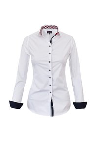 White long-sleeve button-up shirt featuring a checkered pattern inside the collar and navy blue cuffs, with black buttons along the front.