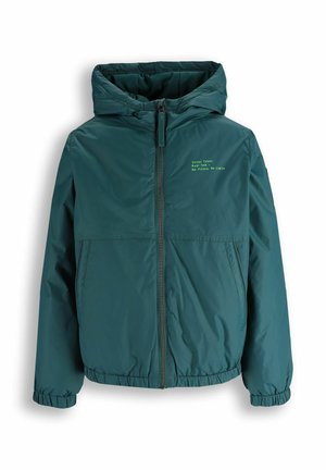 Turkusowa kurtka z kapturem, zamkiem z przodu, elastycznymi mankietami, dwoma kieszeniami oraz żółtym napisem na lewej piersi: "Street Talent. Real Talk. No Filters. No Limits."