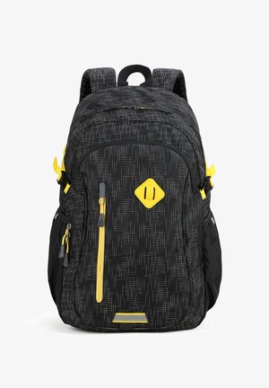 Zwarte rugzak met wit rasterpatroon, gele ritsen, zijbanden, verticale voorzak met rits en gevoerde schouderbanden.