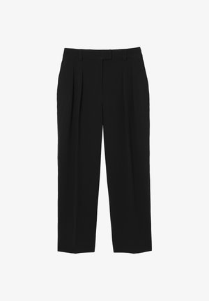 Sorte bukser med lige ben, folder, bæltestropper og sidelommer, vist på en hvid baggrund.