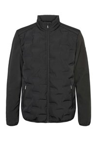 Čierna vypchávkovaná bunda s stojatým golierom, hladkými rukávmi, predným zipsom a dvoma bočnými vreckami. Textúrovaný vzor látky.