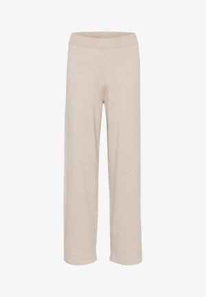 Pantalones de pierna ancha beige con una tela suave y texturizada y una cinturilla elástica, diseñados para ofrecer comodidad y facilidad de movimiento.