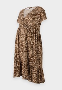 Leopard print maternity dress in brown and beige, short sleeves, v-neck, gathered waist, and a flared hem with ruffled detail.