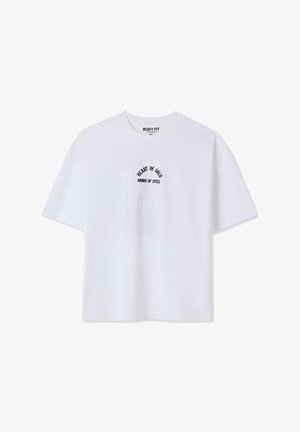 Biały bawełniany t-shirt o luźnym kroju z czarnym haftowanym napisem: "HEART OF GOLD" nad "HANDS OF STEEL", z okrągłym dekoltem i krótkimi rękawami.