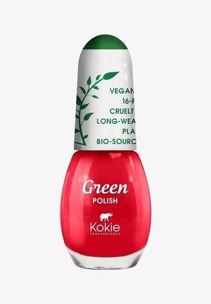 Punainen kynsilakka pyöreässä lasipullossa, jossa on valkoinen korkki, jossa on vihreän lehden kuvio ja tuotetiedot tummanvihreällä tekstillä.