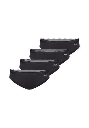 Vier schwarze Bikini-Damenslips mit Mesh-Besatz und kleinem weißen Logo auf der linken Vorderseite, angeordnet in versetzter Reihe.