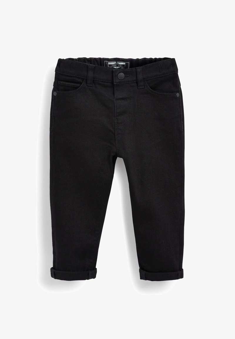 Jean noir pour tout-petit avec revers roulés, taille élastique, bouton à l'avant et poches, présenté sur un fond blanc.