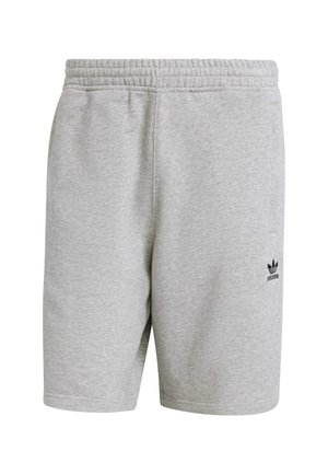 Grijze katoenen shorts met een elastische tailleband, voorzien van zijzakken en een klein zwart Adidas-logo op het linkerbeen.