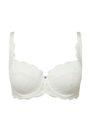 Reggiseno bianco in pizzo con stecche, caratterizzato da bordi ondulati, imbottitura morbida, bottone decorativo al centro, spalline regolabili e dettagliati motivi in pizzo.