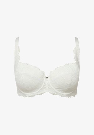 Witte kant beha met onderdraad, voorzien van geschulpte rand, zachte padding, decoratieve knop in het midden, verstelbare schouderbanden en gedetailleerde kantpatronen.