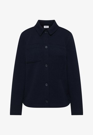 Marineblaue, strukturierte Jacke mit Knopfleiste, Kragen, langen Ärmeln und zwei aufgesetzten Taschen vorne, eine mit Klappe.