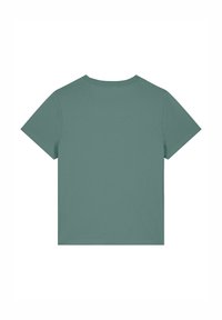 Korte mouw t-shirt in gedempt teal, gemaakt van zachte stof, met een ronde hals en een eenvoudig, onopgemaakt ontwerp. Achteraanzicht weergegeven.