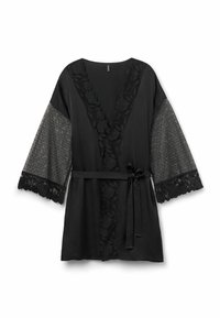 Robe nera in satin con orlo in pizzo floreale lungo il colletto e le maniche, con tessuto trasparente e testurizzato sulle maniche e una cintura annodata.