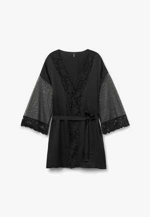 Black satin robe featuring floral lace trim along the neckline and sleeves, with sheer textured fabric on the sleeves and a tied belt.