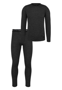 Schwarzes thermal Langarmoberteil und Leggings aus strukturiertem Material. Mit einem schwarzen Gummibund mit Logo und einem minimalistischen Design.