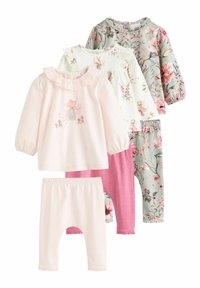 Set van kinder kleding met drie lange mouwen tops in pastelkleuren en bloemenpatronen, gecombineerd met lichtroze leggings. Van katoen.