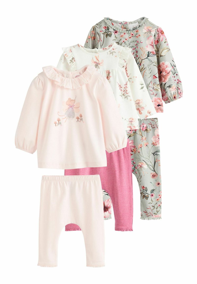 Set van kinder kleding met drie lange mouwen tops in pastelkleuren en bloemenpatronen, gecombineerd met lichtroze leggings. Van katoen.